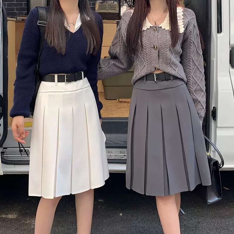 Váy xếp ly màu xám cổ điển kiểu Mỹ, váy phong cách preppy dành cho nữ, thiết kế cỡ lớn mùa xuân hè, váy chữ A dài vừa phải