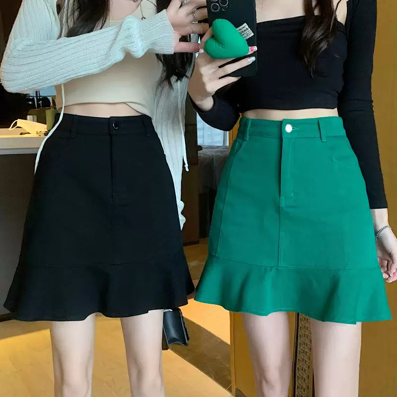 Váy denim hồng cỡ lớn dành cho nữ, váy đuôi cá xếp ly cao eo mùa hè, váy chữ A, váy mini ôm sát màu trắng tôn dáng.