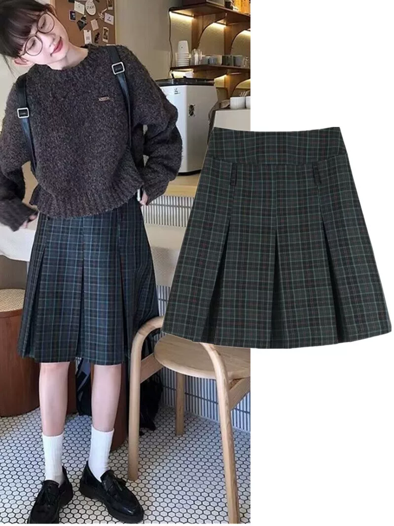 Váy xếp ly chữ A kẻ sọc cỡ lớn, váy kẻ sọc dài vừa phải phong cách đại học mùa xuân hè dành cho nữ, váy ngắn thiết kế