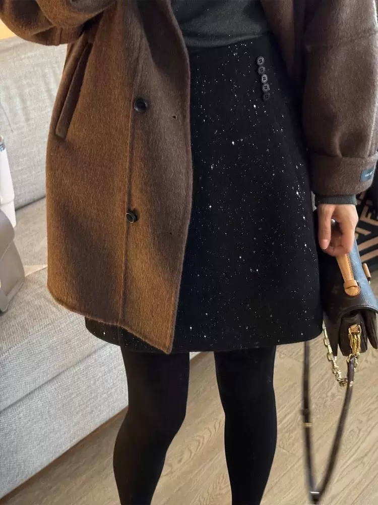 Váy len sequin cỡ lớn dành cho nữ, váy sáng bóng mùa thu đông, thiết kế cạp cao, váy chữ A, váy ngắn ôm hông.