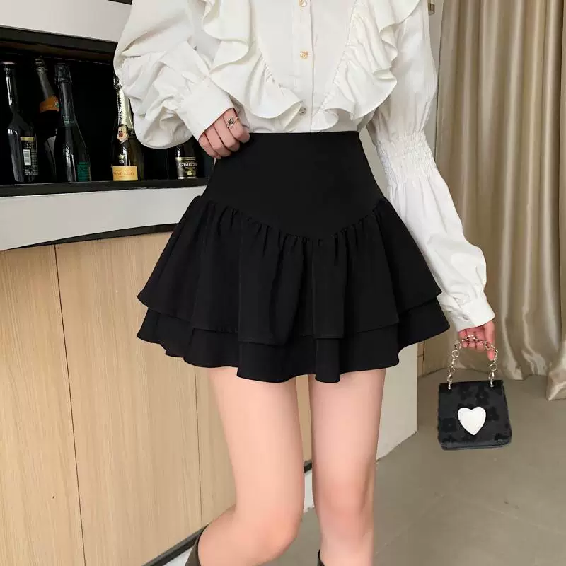 Váy phồng kiểu Pháp cạp cao cỡ lớn dành cho nữ, váy xếp tầng xếp ly mùa xuân hè, váy ngắn chữ A chống lộ dành cho phụ nữ có đường cong.