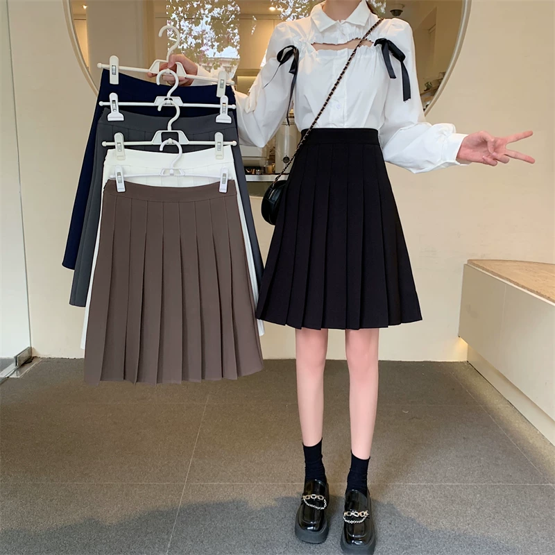 Váy xếp ly dài màu xám cho nữ, váy dài vừa phải, phong cách preppy, váy nửa thân thon gọn, váy ngắn đa năng, váy chữ A chống lộ.