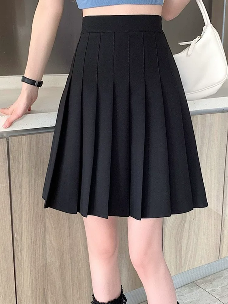 Váy xếp ly màu xám cỡ lớn dành cho nữ, phong cách đại học mùa hè, chống lộ, váy lưng cao, dài vừa phải, thích hợp cho phụ nữ mũm mĩm, váy chữ A.