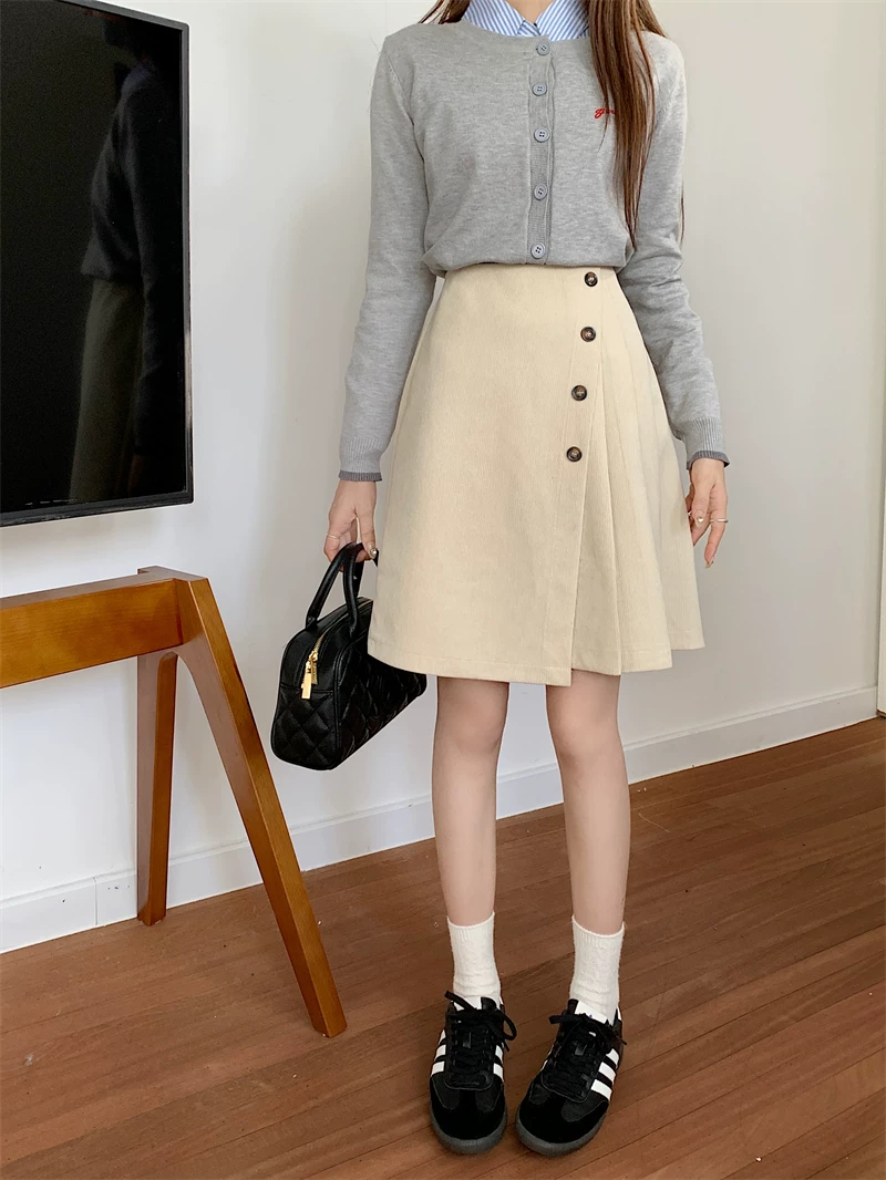 Váy xếp ly bằng vải nhung, dài vừa phải, cỡ lớn, váy ngắn bất đối xứng, váy chữ A che hông mùa thu đông, váy thiết kế dành cho nữ