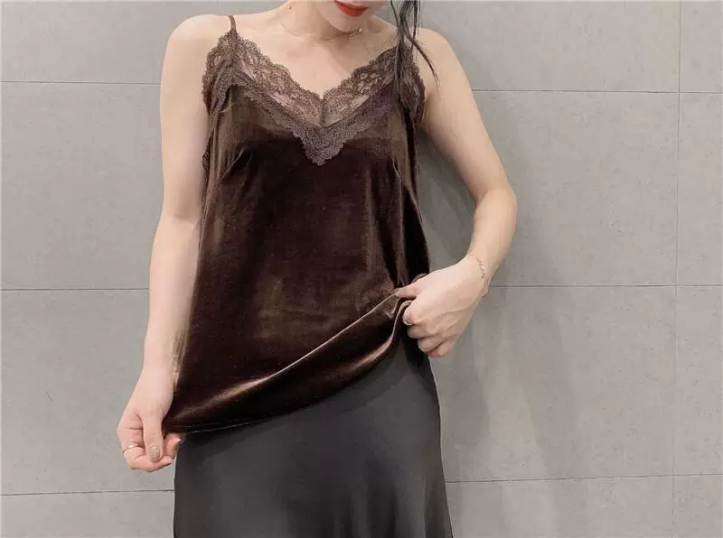 Áo camisole nhung dây mảnh gợi cảm phong cách Hàn Quốc, áo lót ren cổ V, kiểu dáng ôm dáng, áo lót thời trang