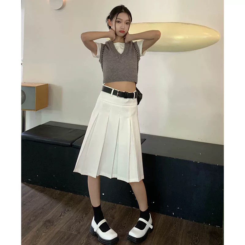 Quần váy xếp ly trắng lưng cao cỡ lớn dành cho nữ, dài vừa phải, phong cách mới thu đông 2022, dáng quả lê, váy dài chữ A