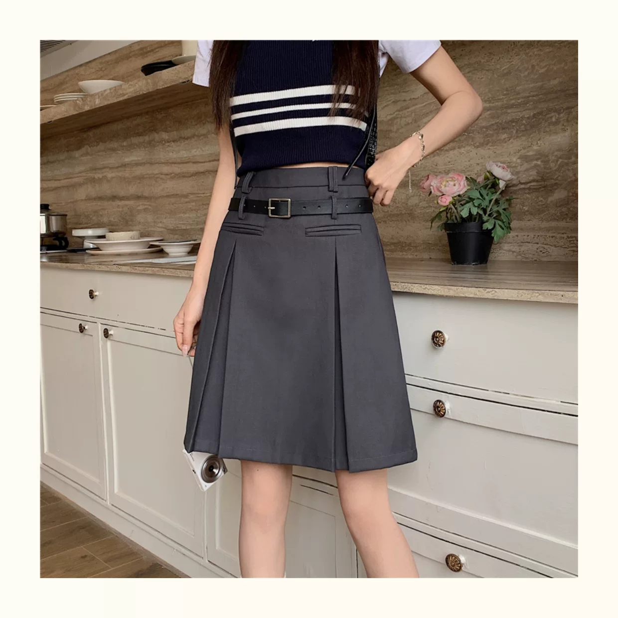 Váy xếp ly màu xám dành cho nữ, dài vừa phải, mùa hè, lưng cao, váy chữ A thon gọn, cỡ lớn, che tay và bụng, váy midi, quần váy.