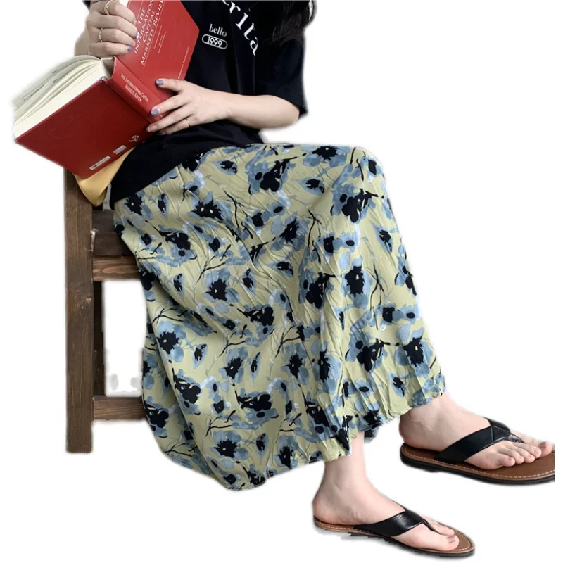 Váy hoa xanh cho nữ, váy chữ A mùa hè, váy dài che hông cạp cao cỡ lớn, váy voan rộng cho phụ nữ cỡ lớn.