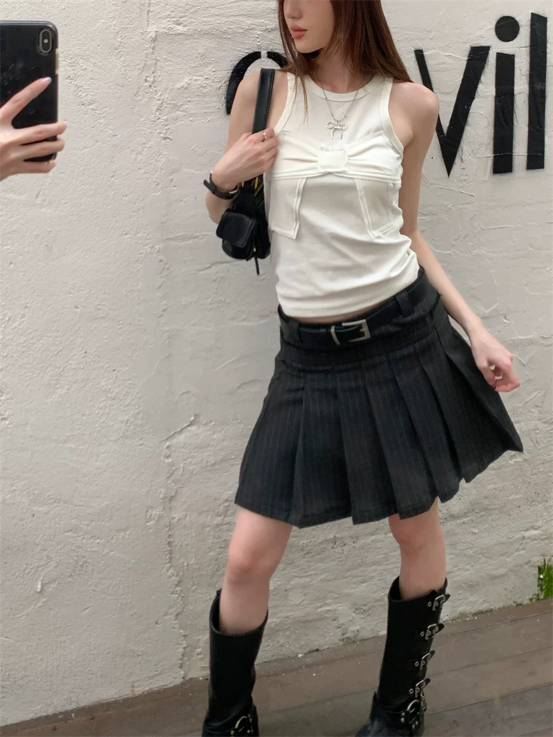 Váy xếp ly sọc xám cỡ lớn dành cho nữ, váy ngắn kiểu học sinh lưng cao mùa hè, váy chữ A chống lộ.