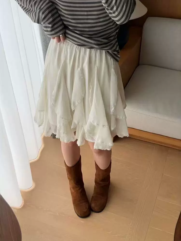 Váy ren viền không đều kiểu Pháp cỡ lớn dành cho nữ, váy chữ A xếp tầng eo cao tôn dáng mùa hè dành cho phụ nữ có đường cong, váy midi che hông.