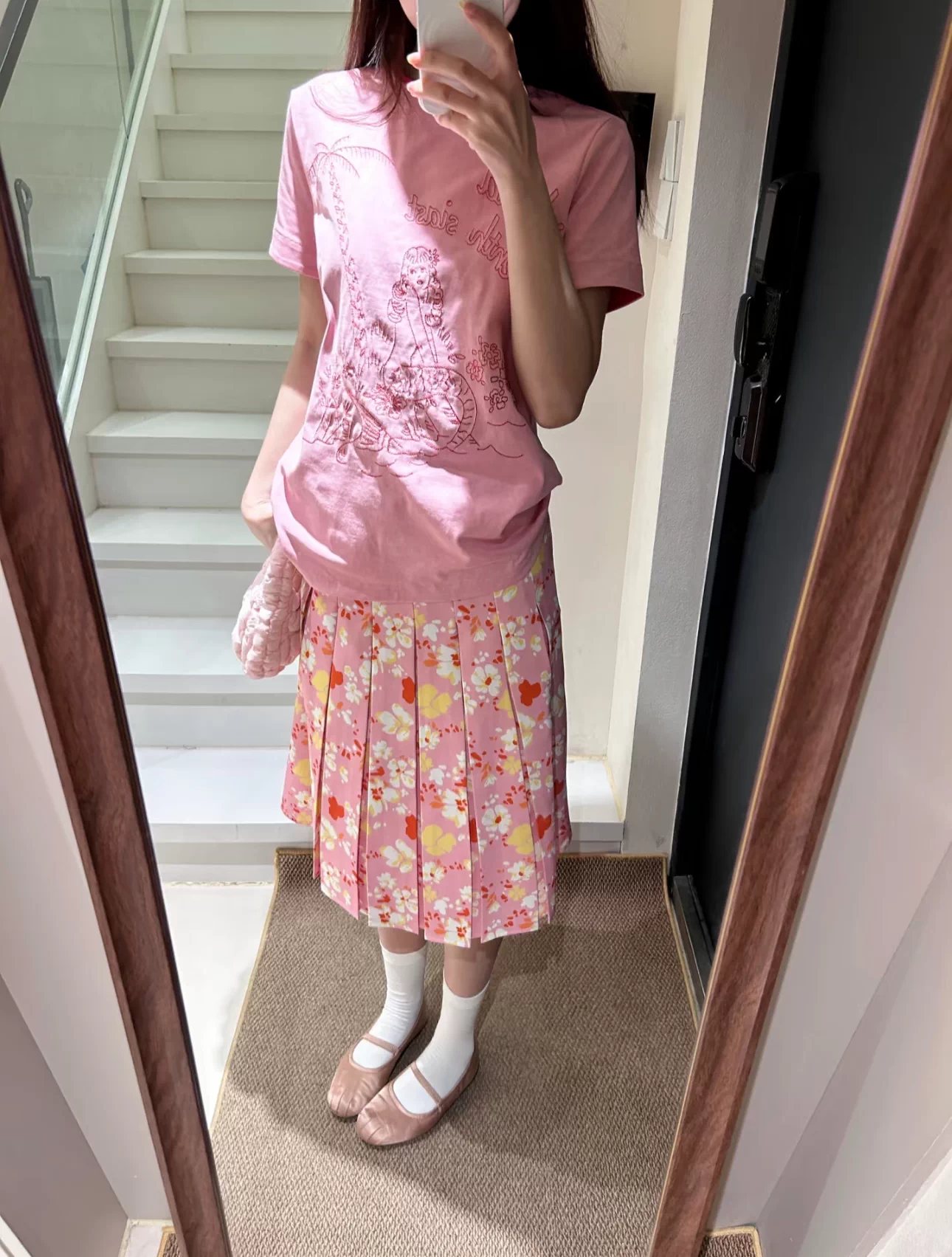 Váy hoa màu hồng cổ điển kiểu Mỹ dành cho nữ, váy chữ A cạp cao mùa hè, đa năng, che hông, váy xếp ly thon gọn, váy dài vừa phải