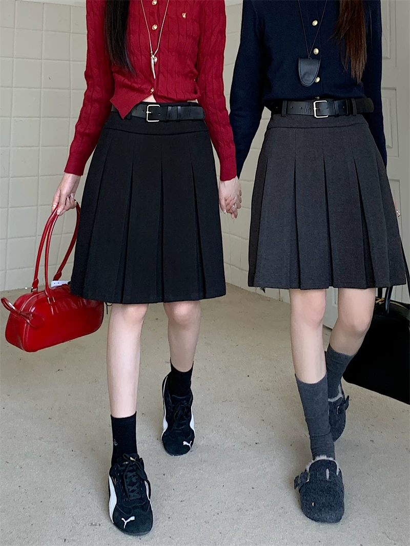 Váy len xếp ly màu xám lưng cao cỡ lớn dành cho nữ, váy midi chữ A chống lộ mùa thu đông, váy dày kiểu preppy giúp thon gọn.