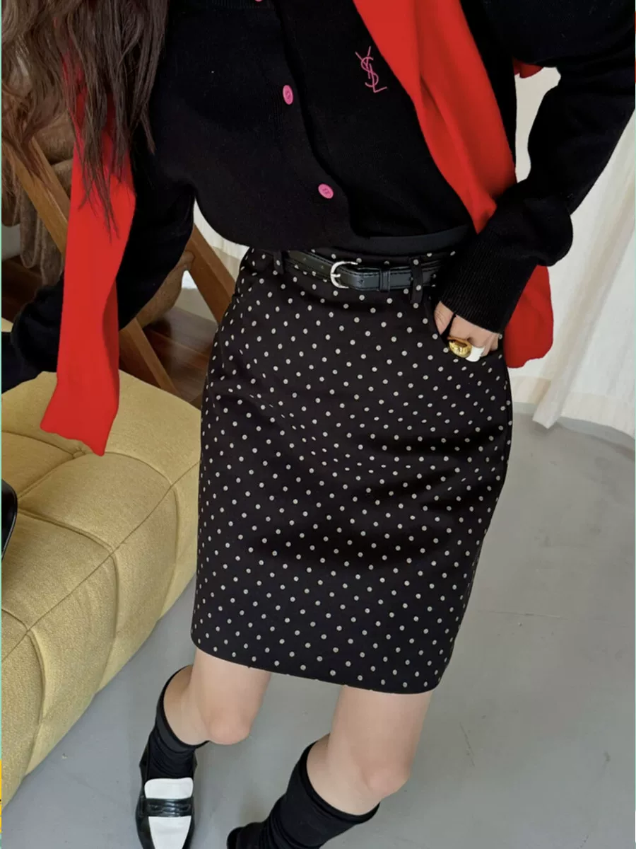 Váy chấm bi đen cho nữ, cỡ lớn, mùa xuân hè, váy bút chì len lưng cao, váy midi chữ A, cỡ lớn, váy bút chì xẻ tà chấm bi.