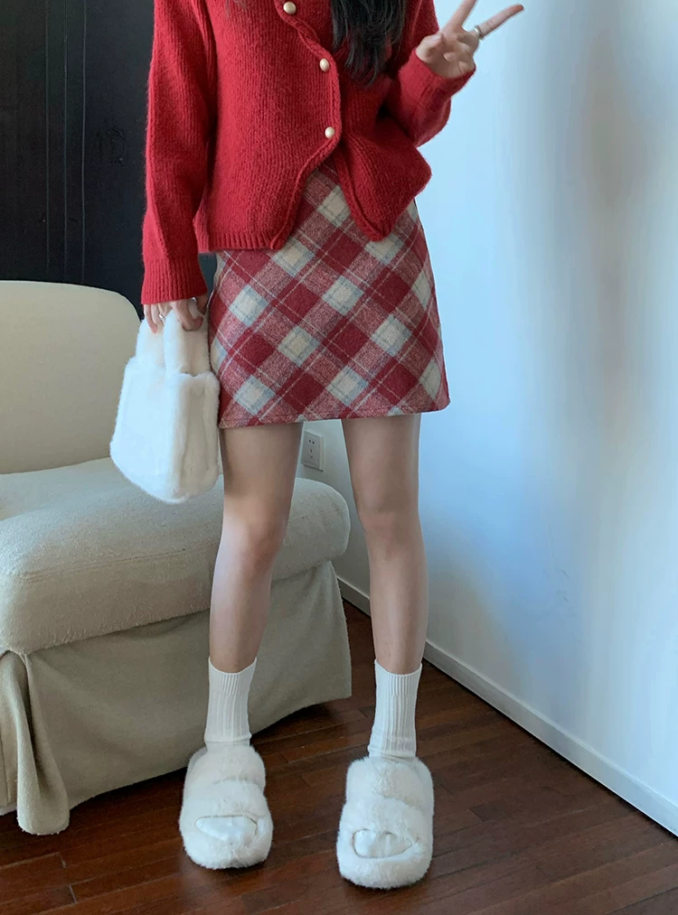 Váy len kẻ sọc đỏ giáng sinh dành cho nữ, váy thu đông, váy ngắn nhỏ nhắn, váy chữ A ôm hông lưng cao