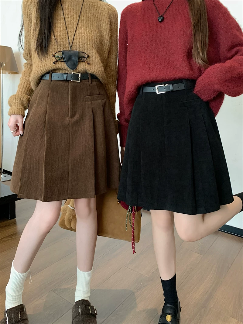 Váy xếp ly bằng vải nhung cỡ lớn, váy chữ A cạp cao mùa thu đông dành cho nữ, váy dài vừa phải giúp thon gọn và che hông.