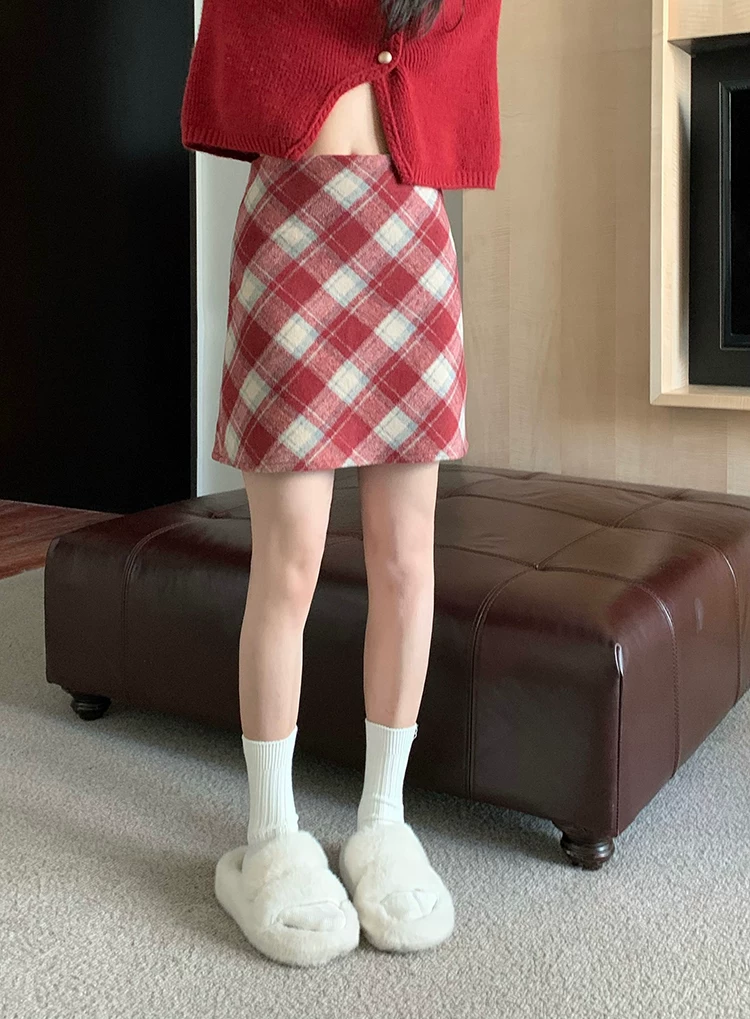 Váy len kẻ sọc đỏ giáng sinh dành cho nữ, váy thu đông, váy ngắn nhỏ nhắn, váy chữ A ôm hông lưng cao