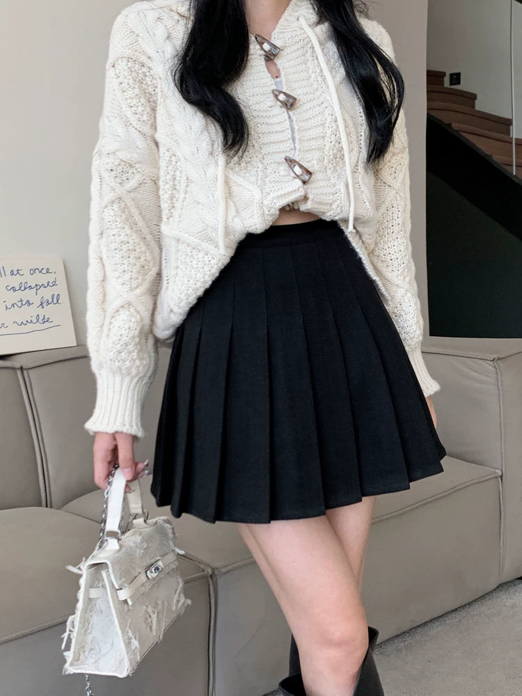 Váy len xếp ly lưng cao màu xám, phong cách preppy thu đông dành cho nữ, phong cách Melard, váy chữ A thon gọn, váy ngắn.