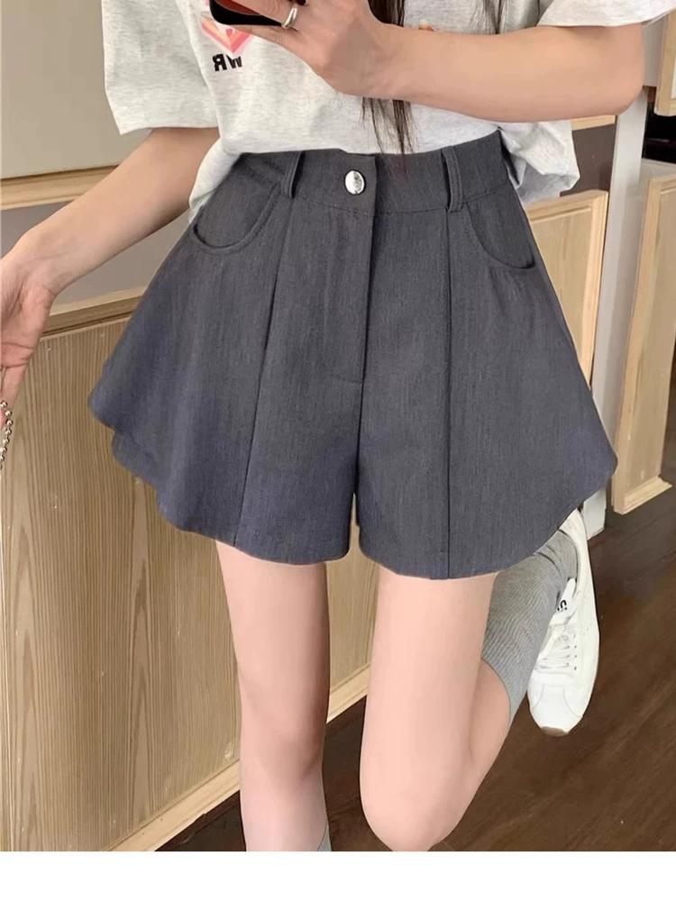 Quần short vest đen cỡ lớn, kiểu dáng mùa hè mới dành cho phụ nữ mũm mĩm, cạp cao, dáng chữ A thon gọn, che bụng, quần ống rộng, quần váy thường ngày.