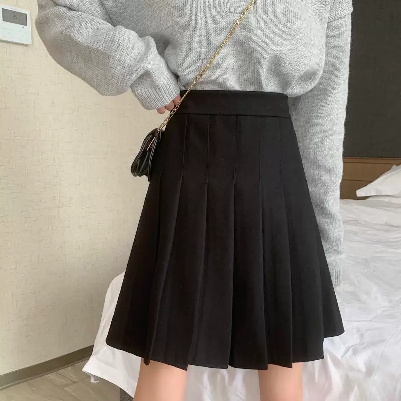 Váy len xếp ly màu đen cỡ lớn, dài vừa phải, mùa thu đông 2021 dành cho nữ, váy lưng cao dành cho phụ nữ mũm mĩm, váy chữ A thon gọn.