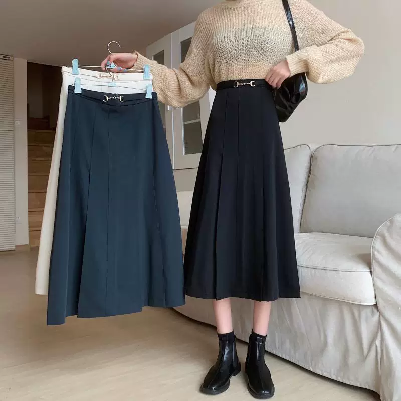 Váy midi xếp ly màu đen cỡ lớn dành cho nữ, mùa thu đông, váy dài che hông, váy bút chì dáng chữ A cạp cao giúp thon gọn dành cho phụ nữ có đường cong.