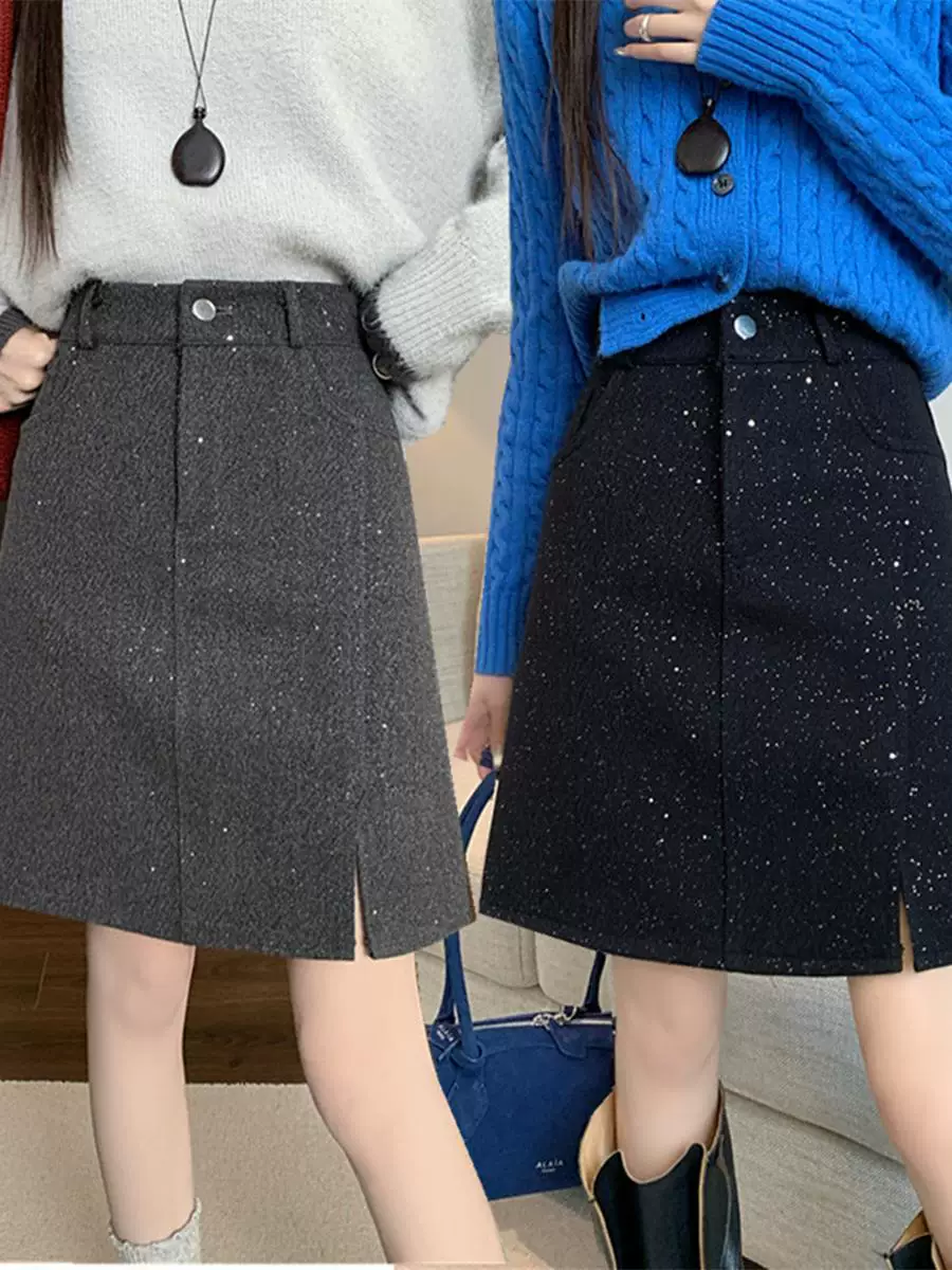Váy xẻ tà bóng bẩy cỡ lớn dành cho nữ, váy ngắn chữ A đính sequin cao eo mùa thu đông, váy bút chì len dày màu xám.