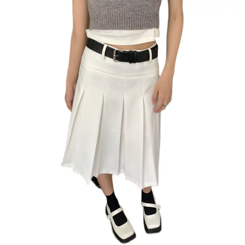 Quần váy xếp ly trắng lưng cao cỡ lớn dành cho nữ, dài vừa phải, phong cách mới thu đông 2022, dáng quả lê, váy dài chữ A