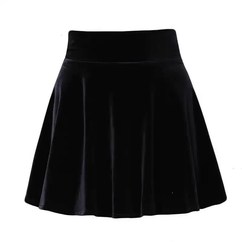 Váy nhún bèo nhung đen cỡ lớn mùa thu đông, kiểu dáng chữ A dành cho phụ nữ ngoại cỡ, cạp cao, tôn dáng, che hông, váy ngắn bồng bềnh dành cho nữ.