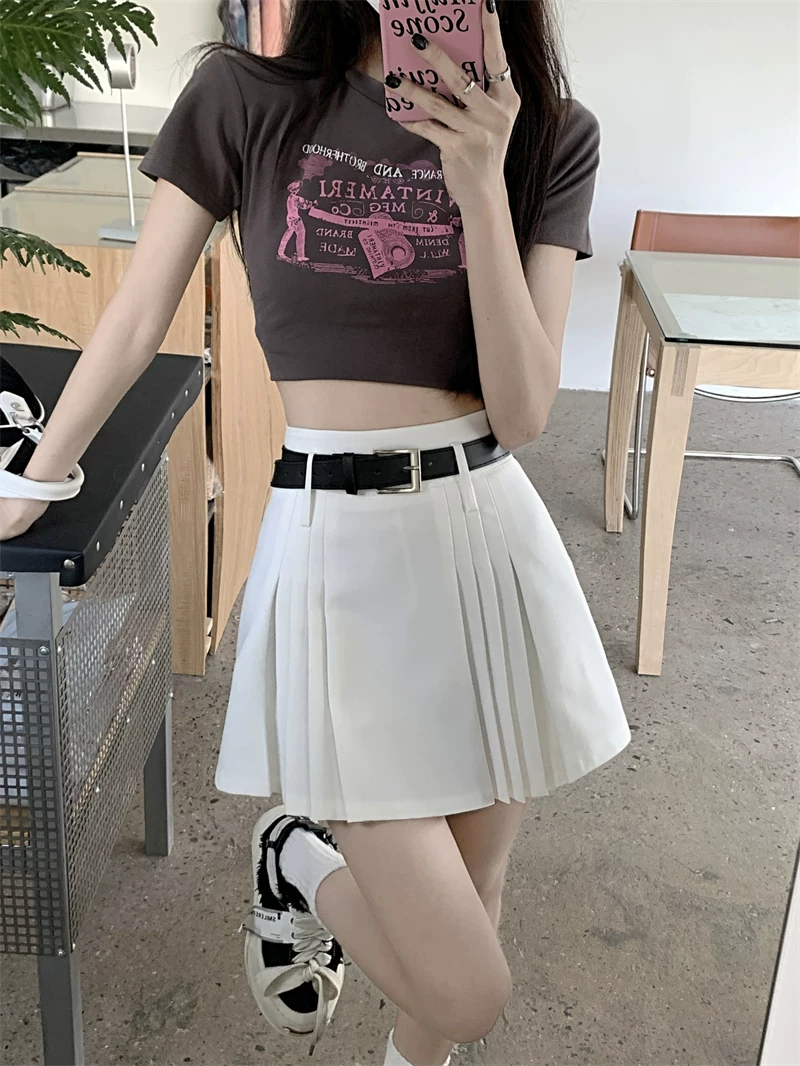 Chân váy trắng thời trang dành cho nữ, size lớn mùa hè, phong cách preppy, chân váy xếp ly cao eo, chân váy ngắn dáng A tôn dáng