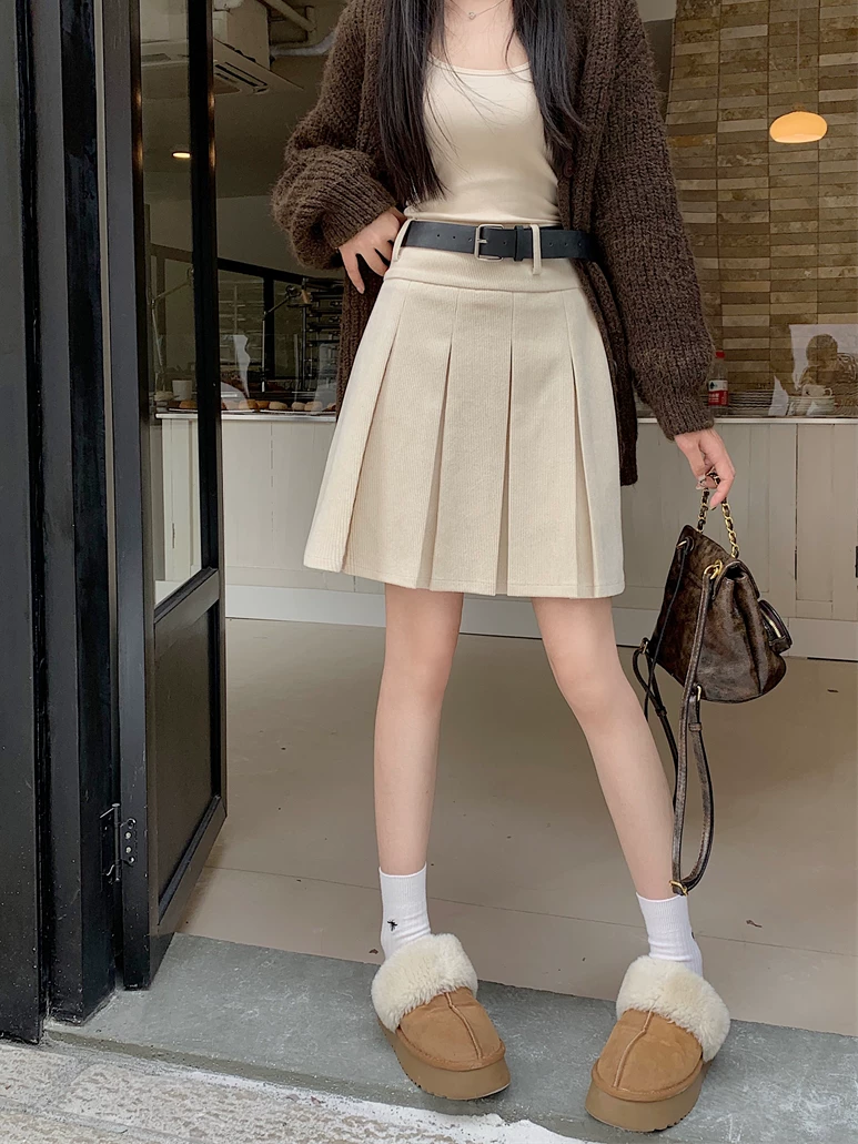 Váy nhung kẻ sọc dáng dài, mùa thu đông, váy bút chì dáng A Melard, váy nhung kẻ, váy xếp ly cao eo tôn dáng