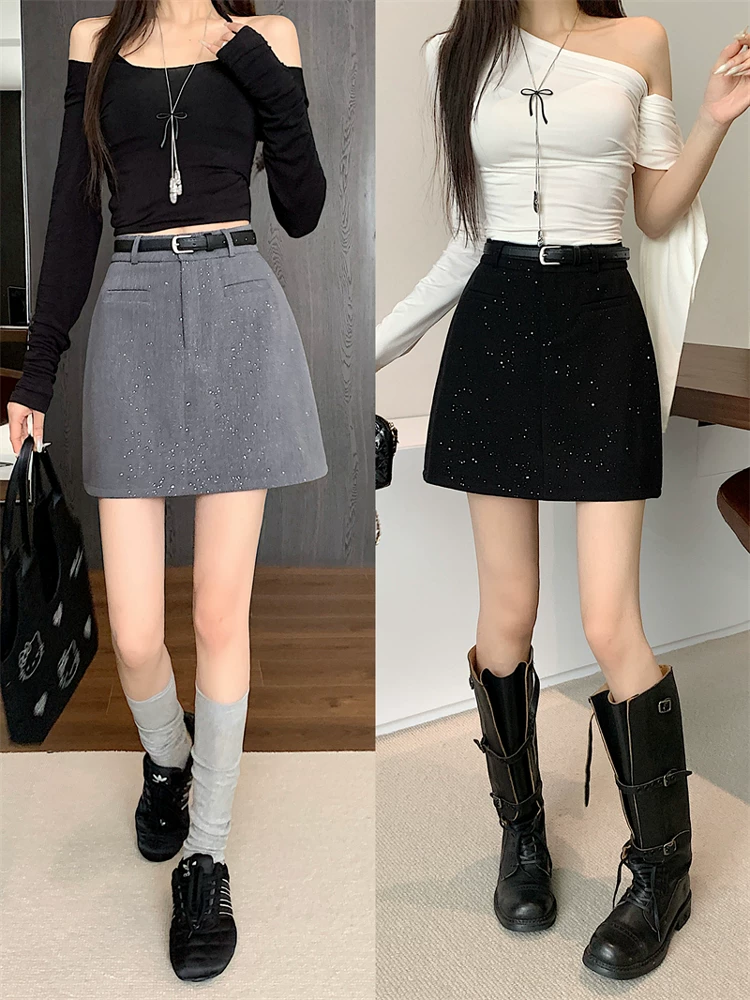 Váy vest màu xám bóng, size lớn cho nữ, váy chữ A chống lộ mùa hè, váy ngắn cạp cao che hông.