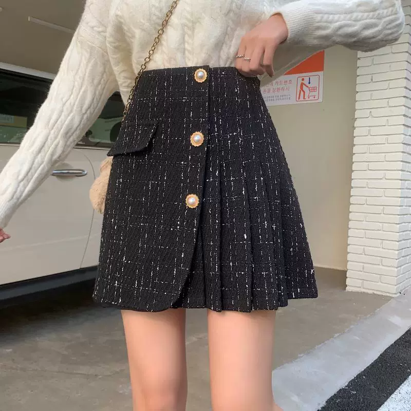 Váy xếp ly bằng vải tweed cỡ lớn dành cho nữ, thiết kế mùa đông, váy ngắn dành cho phụ nữ cỡ lớn, váy bút chì kẻ sọc lưng cao, váy chữ A.