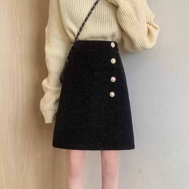 Váy len cạp cao dáng bất đối xứng dành cho nữ, size lớn, che hông, dáng chữ A, ngắn, tôn dáng, dành cho mùa thu đông.