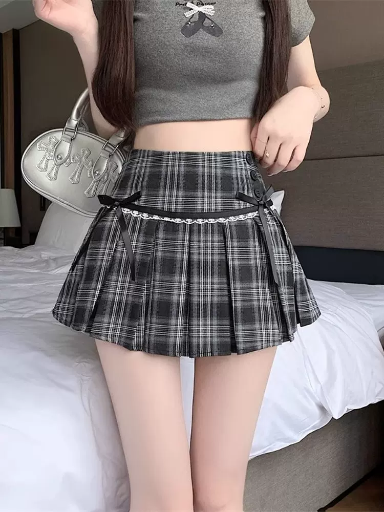 Váy xếp ly kẻ sọc đen kiểu Mỹ dành cho nữ, váy ngắn kẻ sọc thắt nơ lưng cao cỡ lớn mùa hè, váy chữ A chống lộ