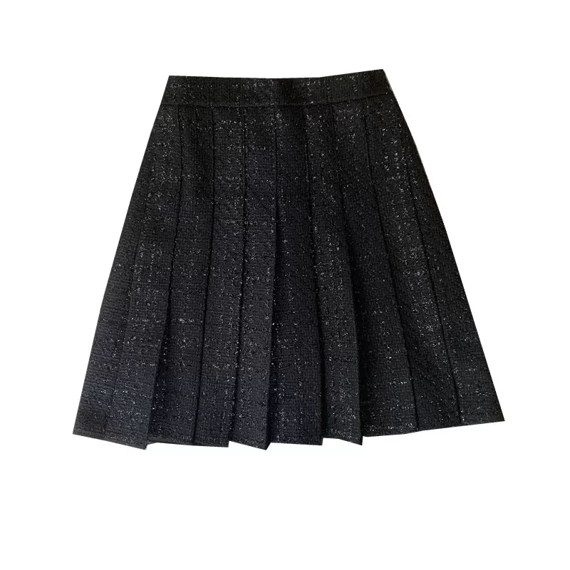 Váy len xếp ly màu đen cỡ lớn, váy midi thu đông nữ, cạp cao, tôn dáng, kiểu dáng chữ A bằng vải tweed phong cách Chanel.