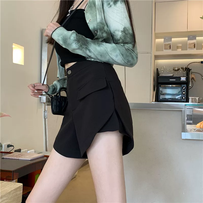 Quần short vest đen lưng cao dành cho nữ, quần ống rộng dáng chữ A rộng rãi, thiết kế độc đáo, quần công sở thường ngày, size lớn mùa hè.