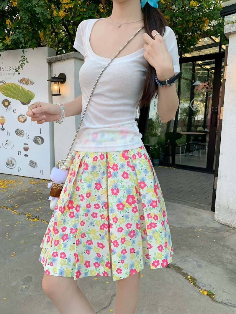 Váy xếp ly phong cách hoa tươi mát, váy nữ dáng dài trung bình, cạp cao, tôn dáng, size lớn, mùa hè, kiểu dáng chữ A