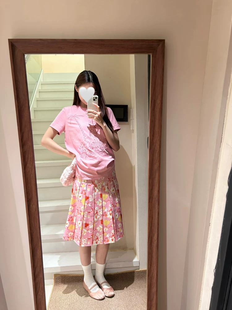 Váy hoa màu hồng cổ điển kiểu Mỹ dành cho nữ, váy chữ A cạp cao mùa hè, đa năng, che hông, váy xếp ly thon gọn, váy dài vừa phải