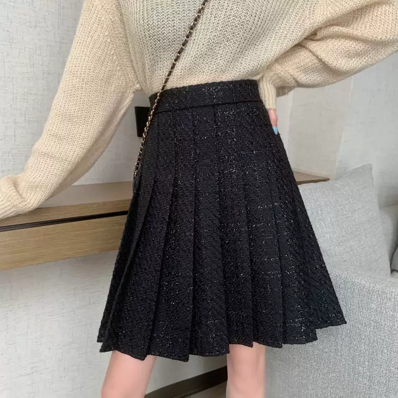 Váy len xếp ly màu đen cỡ lớn, váy midi thu đông nữ, cạp cao, tôn dáng, kiểu dáng chữ A bằng vải tweed phong cách Chanel.