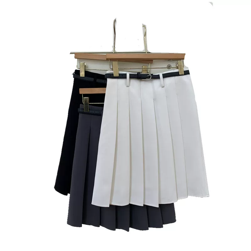 Váy xếp ly màu xám dành cho nữ, mùa xuân hè, dài vừa phải, cỡ lớn, lưng cao, tôn dáng, váy chữ A phồng, váy kiểu preppy.