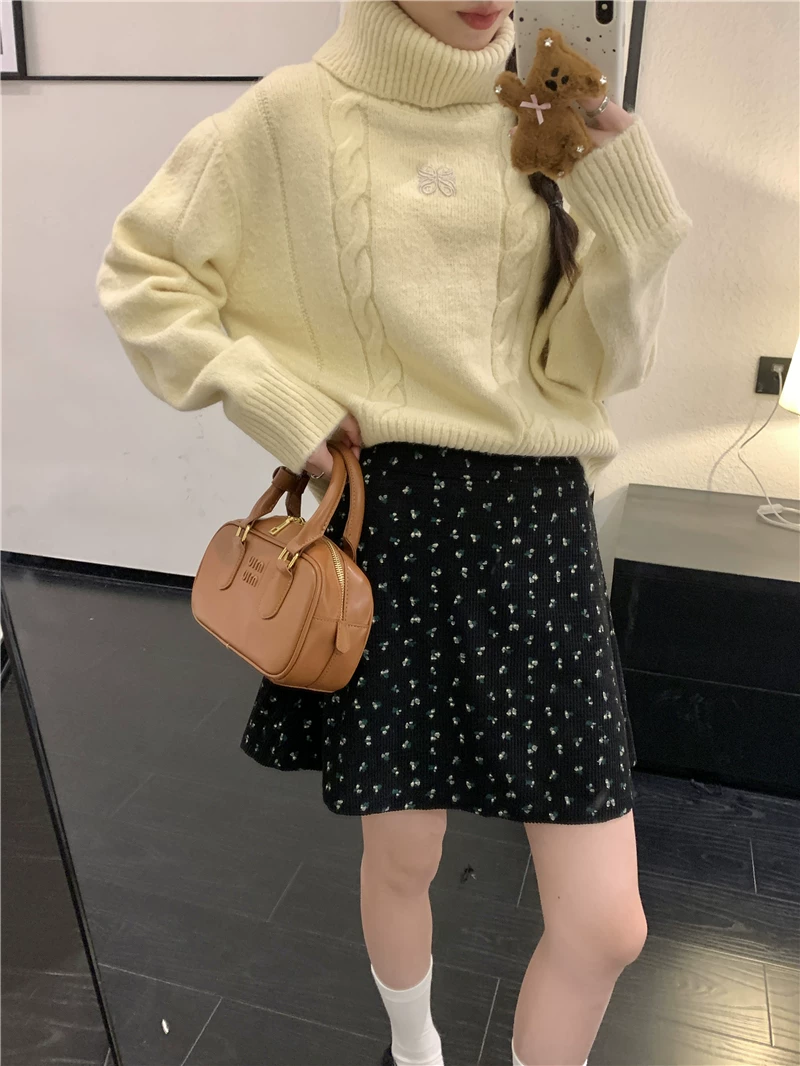 Váy xòe hoa vintage cỡ lớn dành cho nữ, quần váy ngắn chữ A lưng cao mùa xuân, váy che hông nhỏ nhắn, váy dù.