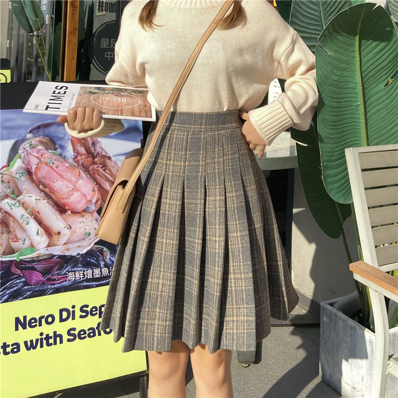Váy xếp ly kẻ sọc kaki len cho nữ, váy ngắn dáng chữ A cạp cao, size lớn, dành cho người mũm mĩm, mùa thu đông, kiểu váy xòe