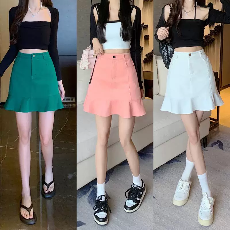 Váy denim hồng cỡ lớn dành cho nữ, váy đuôi cá xếp ly cao eo mùa hè, váy chữ A, váy mini ôm sát màu trắng tôn dáng.