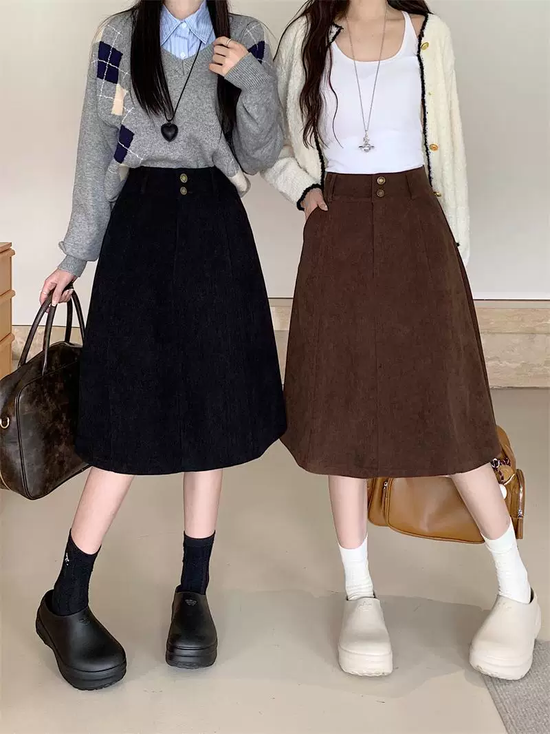 Váy nhung nâu cỡ lớn dành cho nữ, váy midi cạp cao che hông mùa thu đông, váy xòe chữ A tôn dáng.