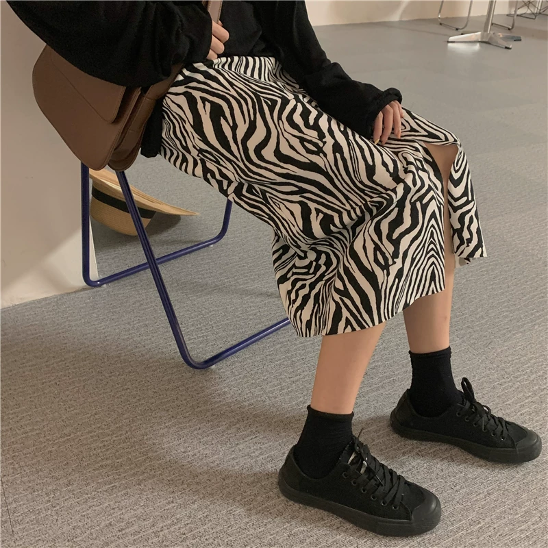 Váy xẻ tà dài vừa phải kiểu retro họa tiết ngựa vằn phong cách Hàn Quốc mùa hè lưng cao thon gọn đa năng kiểu chữ A dành cho nữ