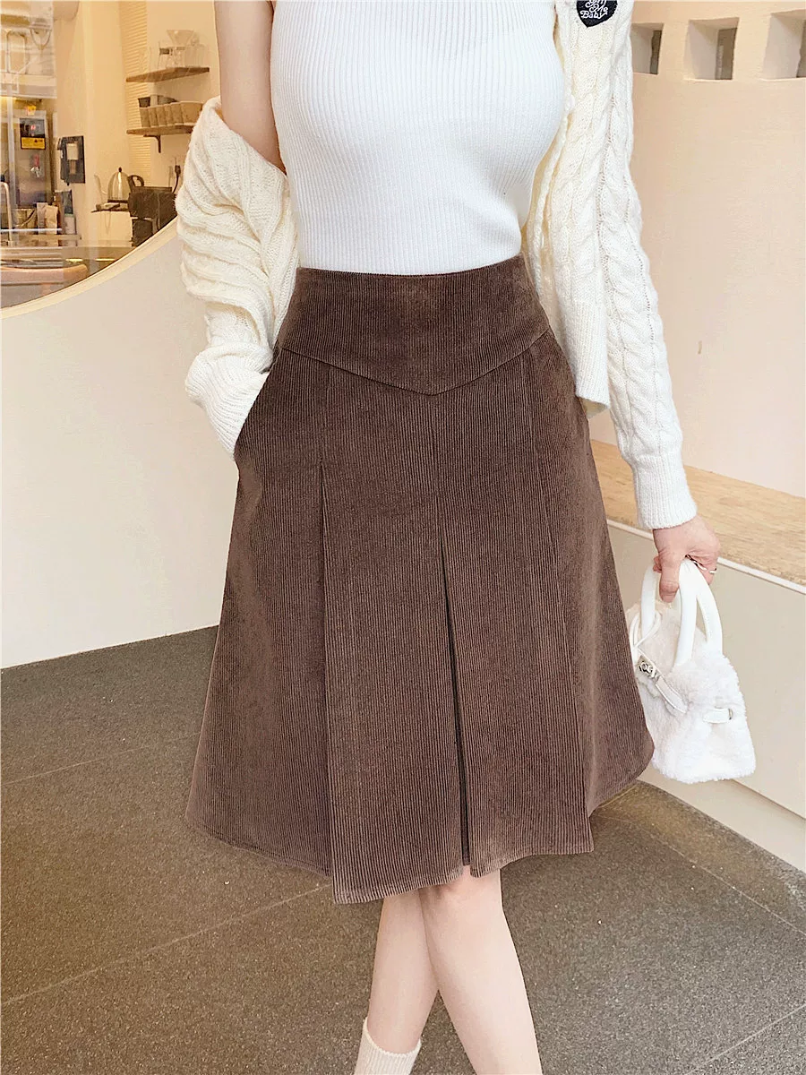 Váy nhung kẻ sọc màu cà phê cổ điển cỡ lớn dành cho nữ, mùa thu đông, váy chữ A cạp cao, váy dù dài vừa vặn tôn dáng.