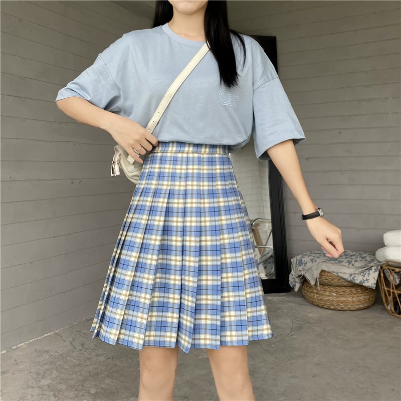 Váy xếp ly cao eo kẻ ca rô dáng dài trung bình dành cho nữ mập (cỡ lớn) váy xòe kiểu học sinh JK dáng chữ A váy bm