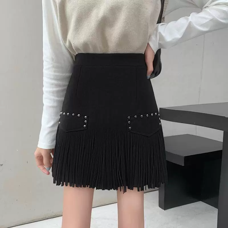 Váy ngắn da lộn lưng cao cỡ lớn dành cho nữ, phong cách Hàn Quốc mới thu đông 2023, váy bút chì dáng chữ A tua rua cỡ lớn.