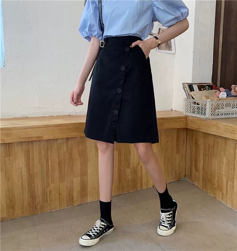 Váy dài trung bình phong cách Hàn Quốc mùa hè, váy chữ A không đều dáng rộng cạp cao cỡ lớn, váy công sở, váy ôm dáng phong cách preppy