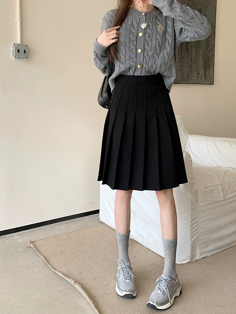 Váy len xếp ly cỡ lớn, váy dài trung bình dành cho nữ, mùa thu đông, lưng cao, phong cách preppy, váy chữ A, váy ngắn thon gọn.