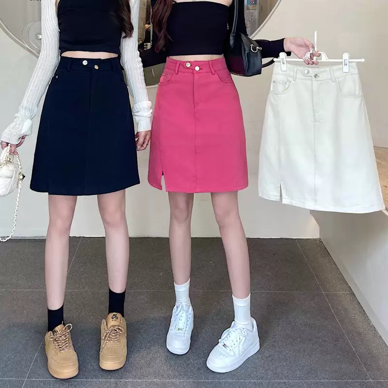 Váy midi denim xẻ tà size lớn cho nữ, kiểu dáng mới mùa hè, váy bút chì dáng chữ A đa năng, cạp cao, tôn dáng.